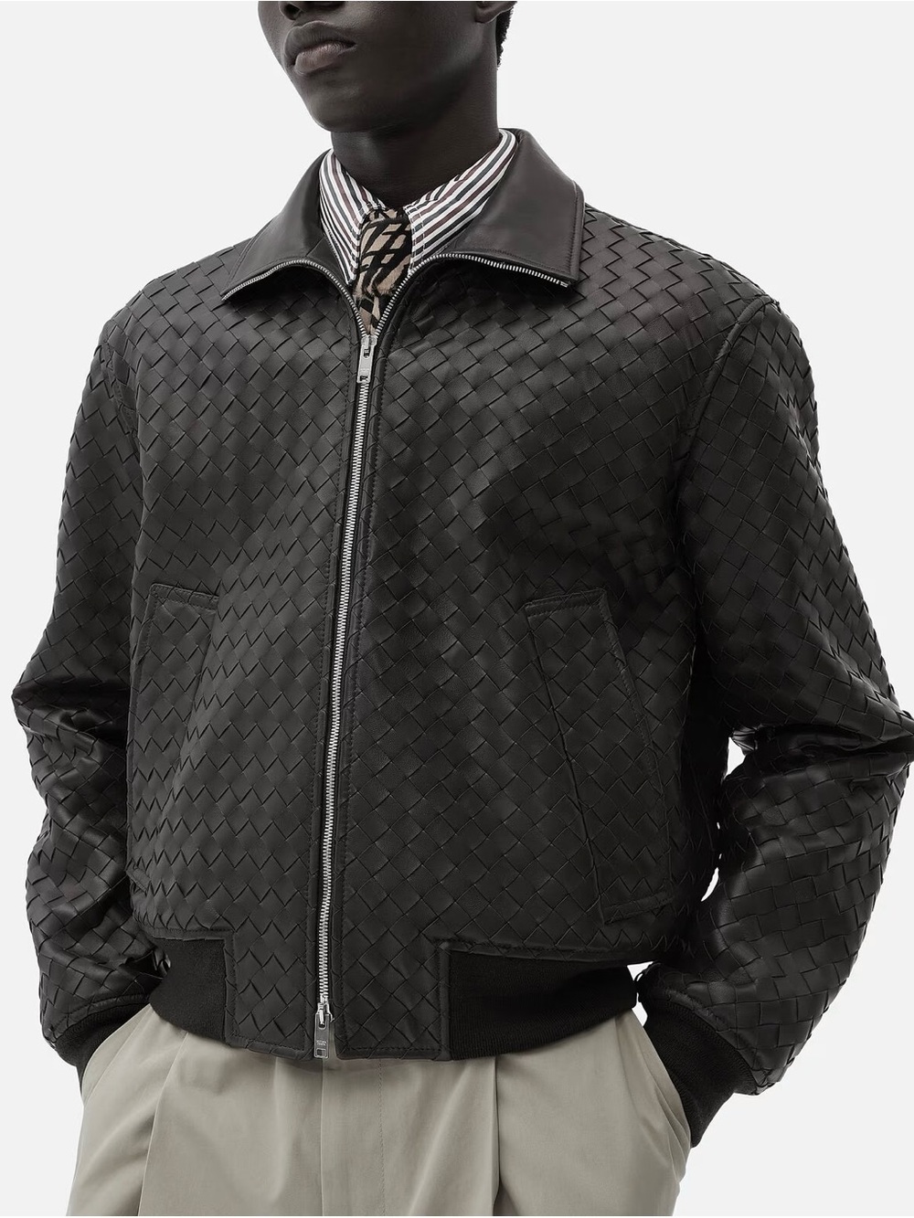 Intrecciato black woven genuine leather blouson bomber jacket - Bottega Vibes!